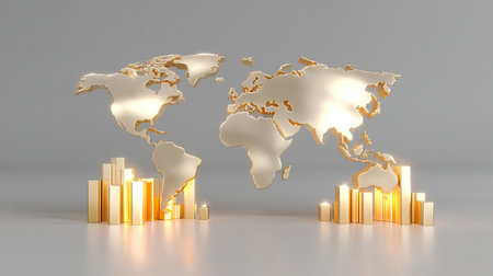This striking image features a gold world map flanked by bar graphs, highlighting themes of economic growth, prosperity, and global connection in a modern and minimalistic design.の素材