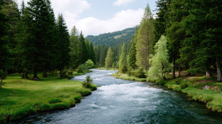A picturesque view of a tranquil river meandering through a vibrant green forest under a partly cloudy sky, showcasing the beauty and serenity of nature and landscape.の素材