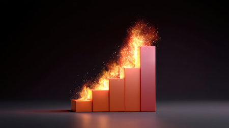 A visually striking image of a bar graph ascending with fiery flames, symbolizing dramatic growth and achievement in business, creativity, and transformation.の素材