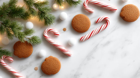 A beautifully arranged scene featuring gingerbread cookies and candy canes surrounded by pine branches, perfect for enhancing any festive celebration during the holiday season.の素材