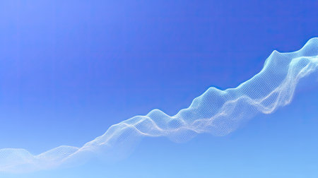 This image features a delicate abstract wave pattern in light lines against a tranquil blue sky, ideal for use in design, technology, and artistic projects.の素材