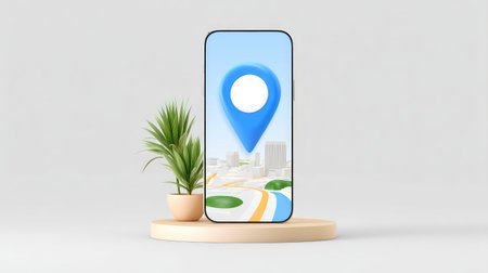A sleek smartphone featuring a navigation app interface with a location pin, set against a soft backdrop highlighting a vibrant urban landscape. Perfect for tech-related visuals.の素材