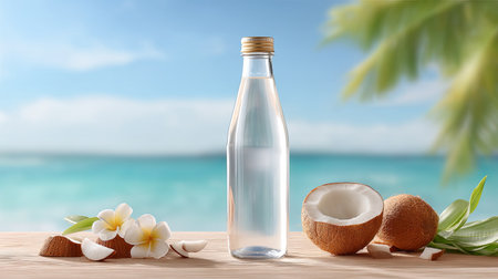 A serene image featuring refreshing coconut water in a glass bottle, complemented by coconut halves and tropical flowers, perfect for evoking a laid-back summer vibe.の素材