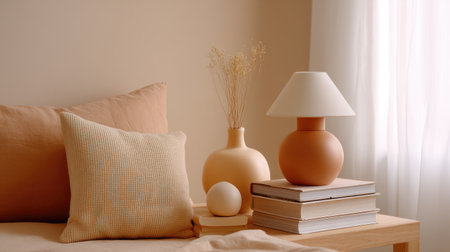 Discover a serene space featuring cozy, minimalist decor with soft hues. A modern lamp and elegant vases complement warm textiles for a tranquil atmosphere.の素材