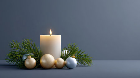 A serene holiday scene featuring an elegant candle surrounded by gold and silver ornaments and fresh evergreen branches, creating a warm festive atmosphere.の素材