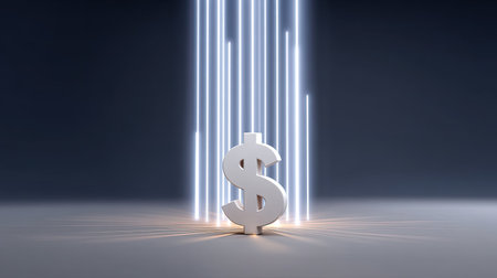 A striking image of a dollar sign illuminated by vertical light beams, representing wealth and financial success. Ideal for business and finance themes.の素材