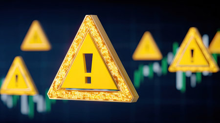 This image showcases vibrant cautionary warning signs floating against a digital backdrop, symbolizing alerts and indicators in financial markets and trading environments.の素材
