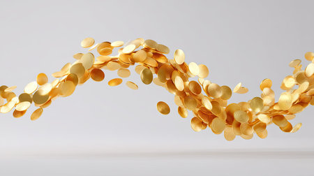 This vibrant image features a wave of golden coins flowing gracefully, creating a sense of motion. Ideal for themes of finance, wealth, and prosperity, this artwork symbolizes abundance.の素材