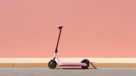 A pink electric scooter stands against a soft pastel background, symbolizing modern urban mobility and stylish transportation choices. Ideal for vibrant lifestyle imagery.の素材