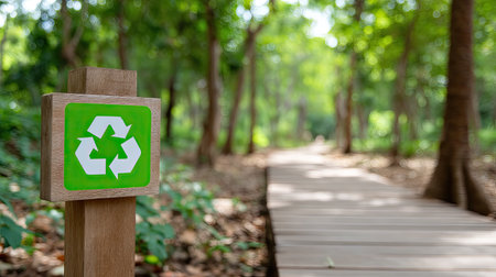 A serene pathway leads through a lush forest, marked by a vibrant recycling sign, emphasizing the importance of sustainability and eco-friendliness in outdoor spaces.の素材