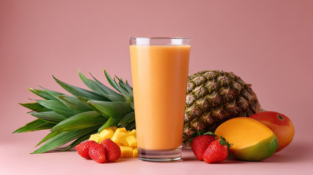 A delightful tropical smoothie made with pineapple, mango, and strawberries presented next to fresh fruits on a soft pink background, perfect for healthy choices.の素材