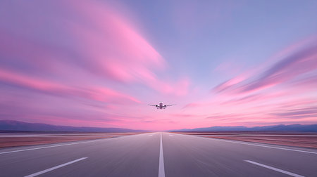 An airplane takes off from a runway at twilight, surrounded by a stunning pink and purple sky. This image captures the essence of travel, motion, and freedom.の素材