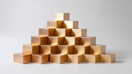 A stunning arrangement of golden blocks forming a pyramid that highlights elegance and simplicity, ideal for modern design projects and creative branding concepts.の素材
