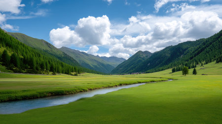 A stunning view of a tranquil landscape featuring lush green meadows and a clear stream flowing through majestic mountains under a bright blue sky filled with fluffy clouds.の素材