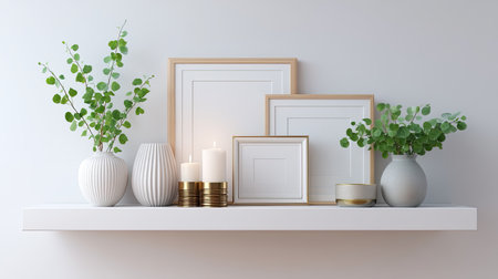 A serene display of empty picture frames, soft candles, and lush greenery arranged on a white shelf, creating a minimalist and modern home decor aesthetic.の素材