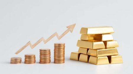 This image showcases gold bars and coins alongside an upward arrow, representing financial growth and success. It symbolizes investment potential in the economy.の素材