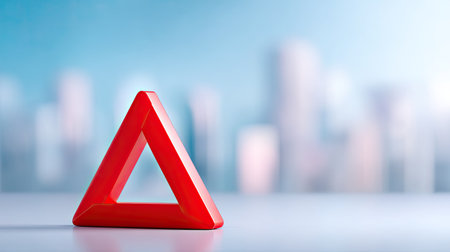 A striking red triangle placed on a surface, set against a softly blurred urban background, symbolizes innovation and creativity in a modern business setting.の素材