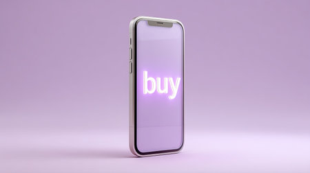 A smartphone featuring a vibrant glowing "buy" text on a sleek purple background. This image captures the essence of modern online shopping and digital commerce.の素材