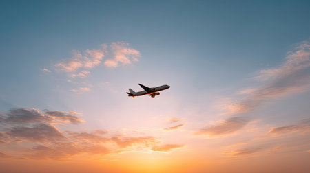 A stunning silhouette of an airplane flying against a vibrant sunset sky filled with colorful clouds. This image embodies the spirit of travel and adventure.の素材