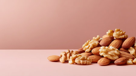 A visually pleasing composition of almonds and walnuts against a soft pink background, perfect for promoting healthy snacking and nutritious lifestyle choices.の素材