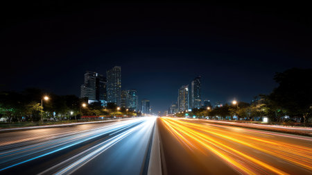 Captivating urban night scene showcasing a bustling city with illuminated skyscrapers. Long exposure technique captures the dynamic movement of traffic on the road.の素材