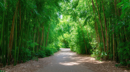 Discover a peaceful pathway that winds through a stunning bamboo forest, embraced by lush greenery and vibrant foliage, perfect for nature enthusiasts and tranquility seekers.の素材