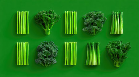A visually striking arrangement of fresh broccoli and celery on a vibrant green background, emphasizing healthy eating, nutrition, and the beauty of fresh produce in culinary designs.の素材