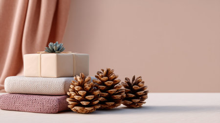 A beautiful composition featuring neatly wrapped gifts accompanied by pine cones on soft textured fabrics, providing a cozy and festive atmosphere for holiday decor.の素材