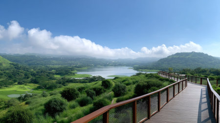 Explore a breathtaking landscape featuring rolling green hills, a peaceful water body, and soft clouds under a vast blue sky, perfect for nature lovers and adventurers.の素材