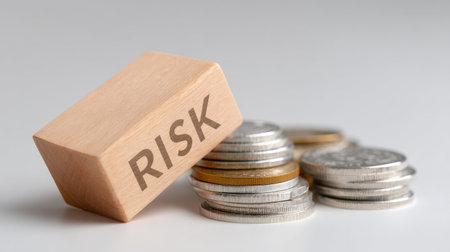 A wooden block labeled "Risk" placed next to a stack of coins, showcasing the themes of financial uncertainty and investment challenges in a modern economy.の素材