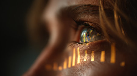 A captivating close-up image of a human eye featuring a digital overlay, symbolizing data analysis and technological innovation in a modern and abstract manner.の素材