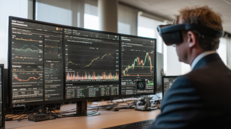 A young businessman engages with complex financial data using a virtual reality headset, immersed in a high-tech office environment with multiple screens displaying dynamic graphs and trends.の素材