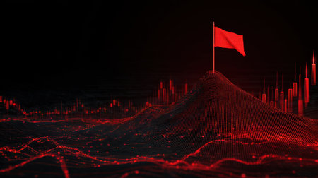 A striking red flag atop a mountain peak symbolizes risk and awareness in the financial market, surrounded by dynamic data waves and financial charts.の素材