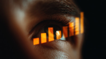 This close-up image features an eye reflecting a dynamic data visualization with orange graph bars, symbolizing growth, progress, and technological advancement.の素材