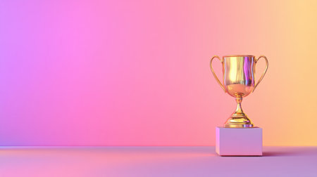 A stunning golden trophy standing on a white pedestal against a vibrant colorful background. It symbolizes success and achievement, perfect for motivational themes.の素材