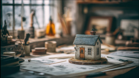 A picturesque scene featuring a charming miniature wooden house model placed on a cluttered workbench, surrounded by tools and artistic sketches, capturing the essence of creativity.の素材
