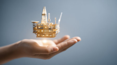 This image features a hand delicately holding a miniature model of an offshore oil rig, symbolizing innovation in the energy sector and future environmental considerations.の素材
