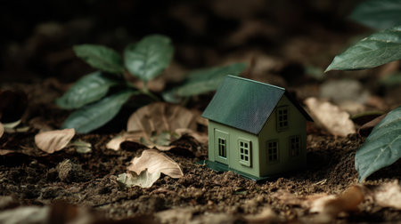 A peaceful miniature green house sits on rich soil, surrounded by dry leaves and vibrant foliage, highlighting the harmony between nature and home in a serene landscape.の素材