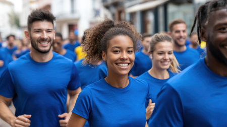 A vibrant scene of enthusiastic young adults in blue t-shirts running together in an urban environment, showcasing joy and community spirit during a fun run event.の素材