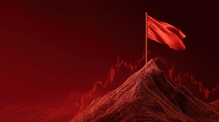 A striking red flag stands tall on a mountain peak, set against a digital graph backdrop, representing alerts in finance, market trends, and investment risks.の素材