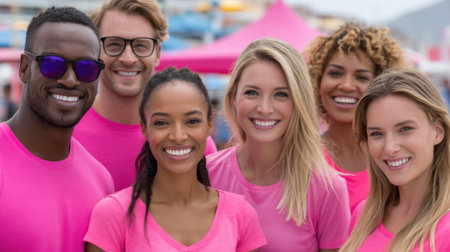 A lively group of friends dressed in bright pink shirts showcases joy and togetherness at an outdoor event, surrounded by a colorful and festive atmosphere.の素材