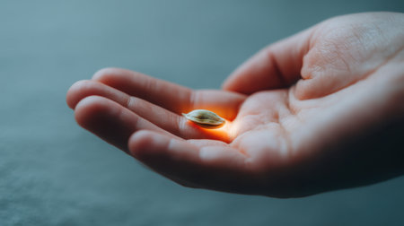 A serene close-up image depicting a hand gently holding a single seed illuminated by warm light, symbolizing growth and potential in gardening and nature.の素材