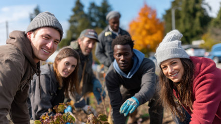 A joyful group of community members work together in a vibrant garden, showcasing teamwork and connection with nature in a colorful autumn environment.の素材