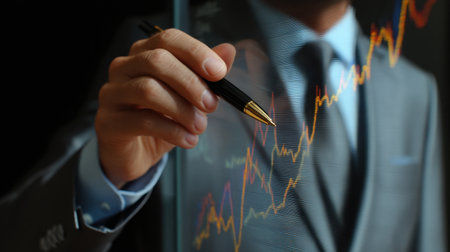 A businessman in a suit and tie engages with digital graphs, highlighting key financial data trends in a modern office setting to symbolize professional growth.の素材
