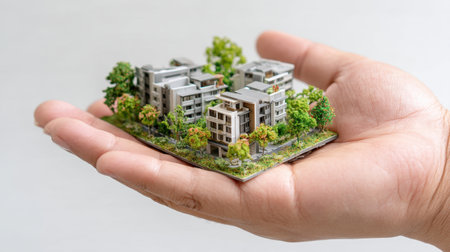A person holds a delicate miniature model of modern residential buildings in their hand. The model is enhanced with green trees, showcasing a balance between nature and architecture.の素材