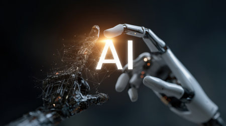A captivating scene depicts a human hand reaching toward a robotic hand, with the glowing letters "AI" symbolizing the connection between humanity and advanced technology.の素材