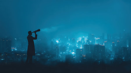 A captivating silhouette of a person with a telescope against a stunning urban skyline at night, enveloped in a moody blue atmosphere, inviting exploration and wonder.の素材
