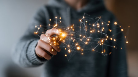 A person reaching out with a hand to connect with glowing digital nodes, symbolizing the fusion of human interaction and technology in an innovative setting.の素材