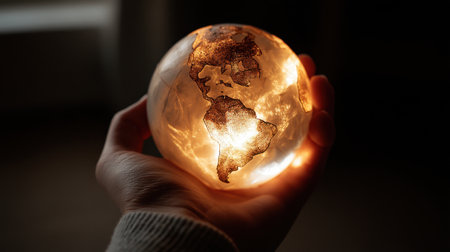 A captivating image of a human hand gently holding a glowing glass globe featuring a world map. This symbolizes global connection, awareness, and responsibility.の素材