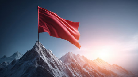 A striking red flag stands tall on a rugged mountain peak, creating a dramatic focal point against a breathtaking sunrise with vivid colors and serene landscape.の素材